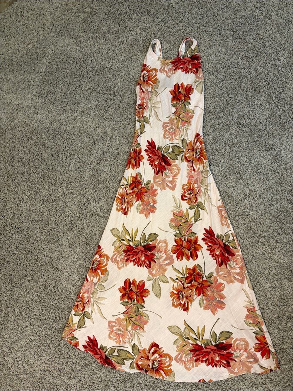 Spaghetti-Strap Floral Maxi Dress - Cream with Red & Green Bloom